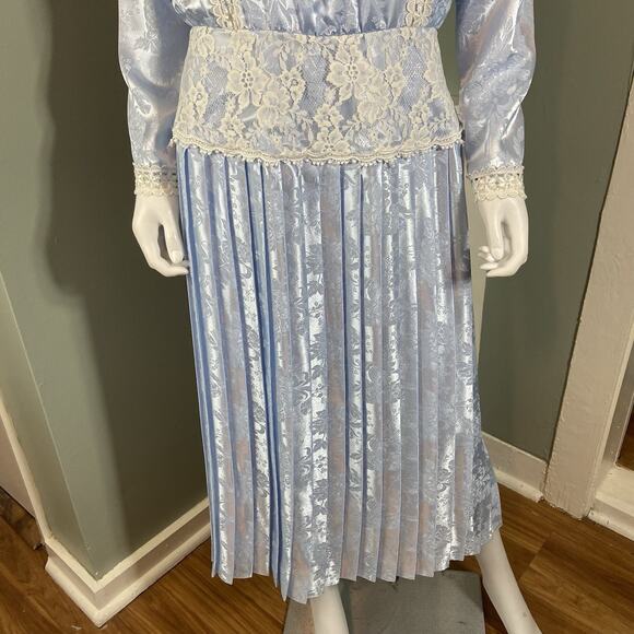 Vintage 80s 90s Scott McClintock Satin Lace Brocade Jacquard Pleated Dress - Picture 4 of 12